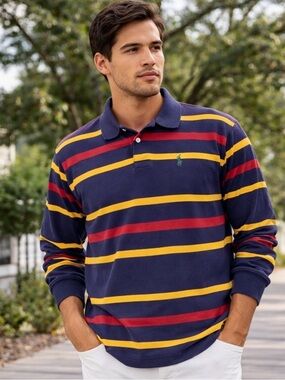 Vintage POLO RALPH LAUREN Men’s 90s Rugby Polo Shirt Preppy Size M Striped Navy